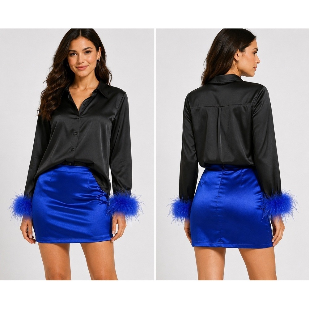 Shein Black Satin Button Down Shirt Blue Feather Cuffs and Blue Mini Skirt Set M